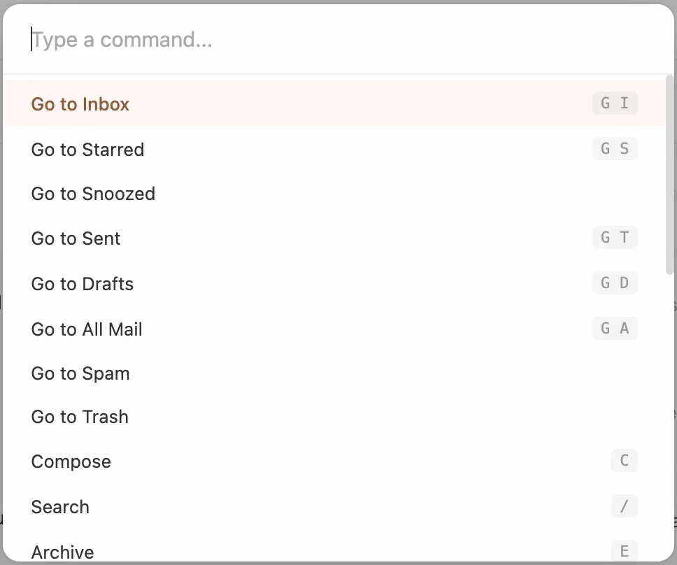 Envelomail command palette showing keyboard shortcuts — Go to Inbox, Compose, Archive, Search