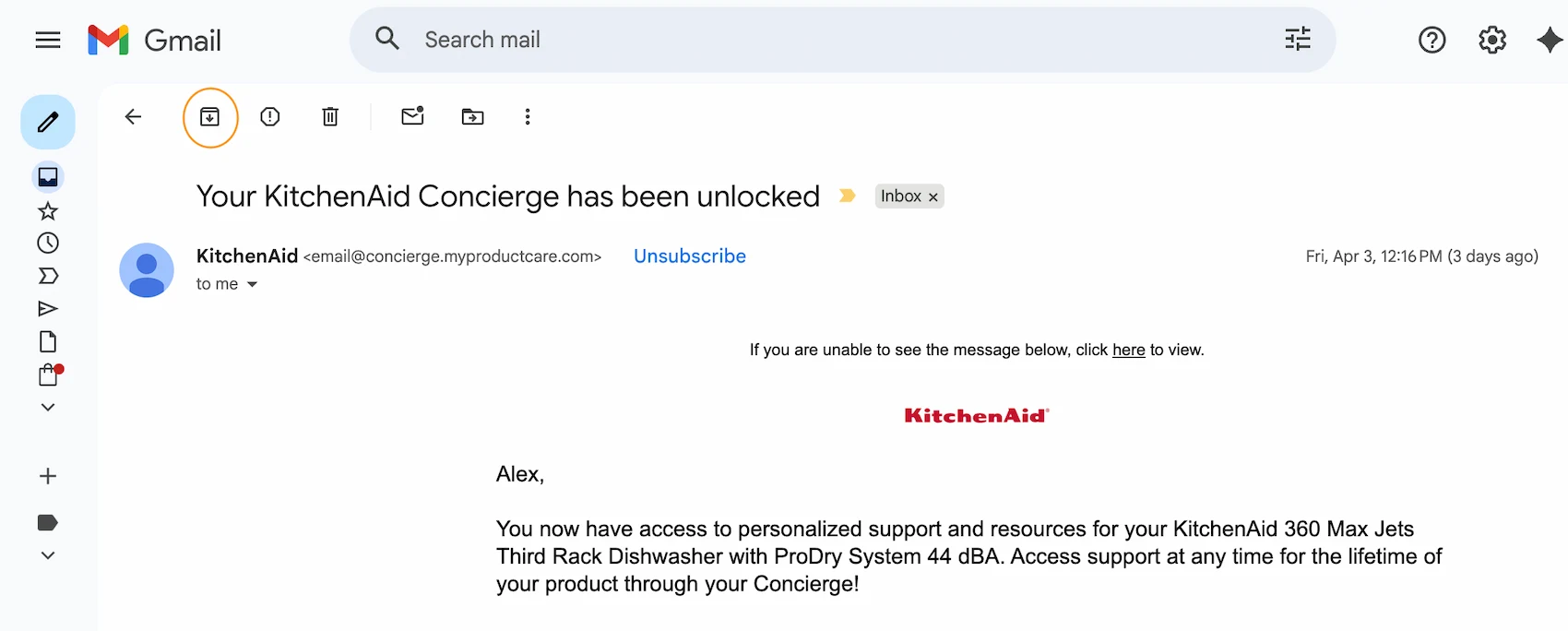 Gmail toolbar showing the Archive button highlighted — triggered by pressing E