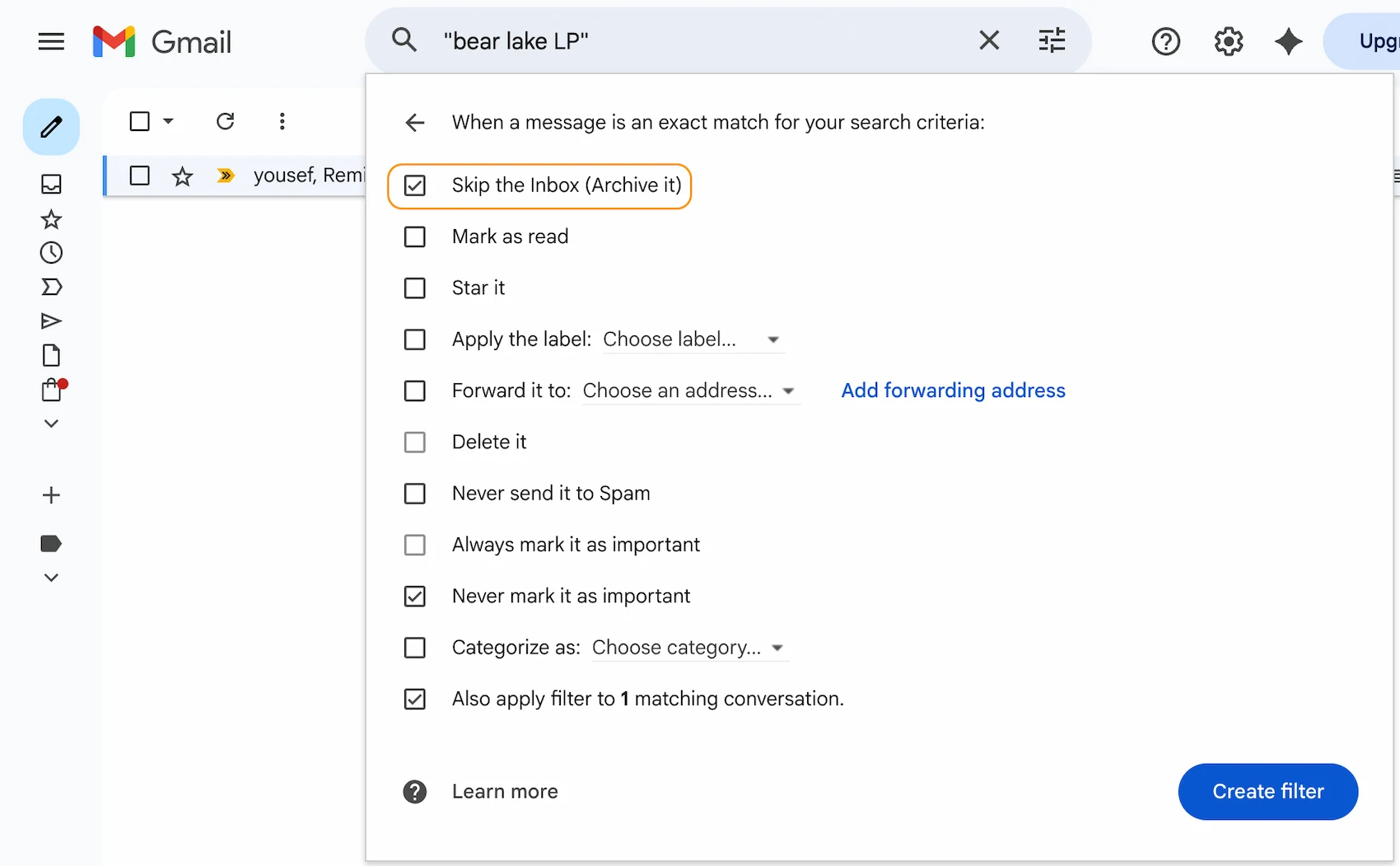 Gmail Create Filter dialog with Skip the Inbox checked