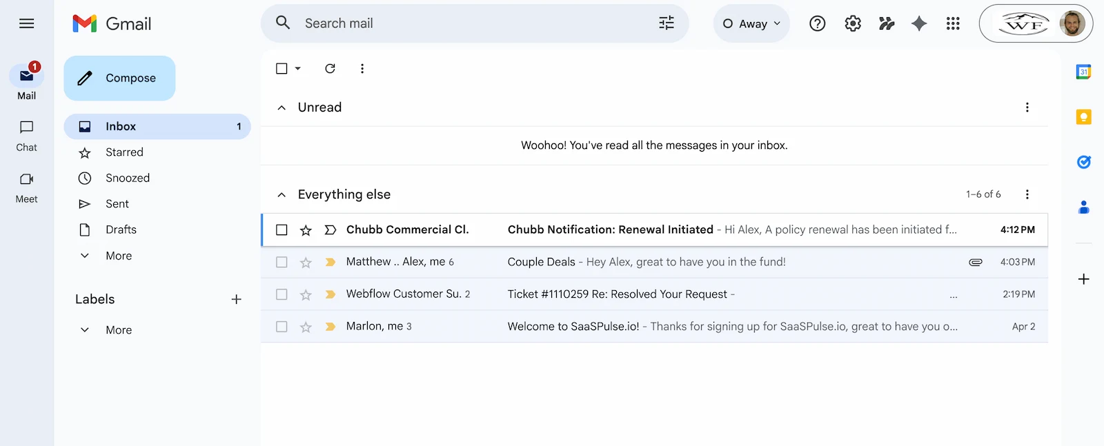 Gmail with extension bloat — extra toolbars, sidebars, and UI clutter