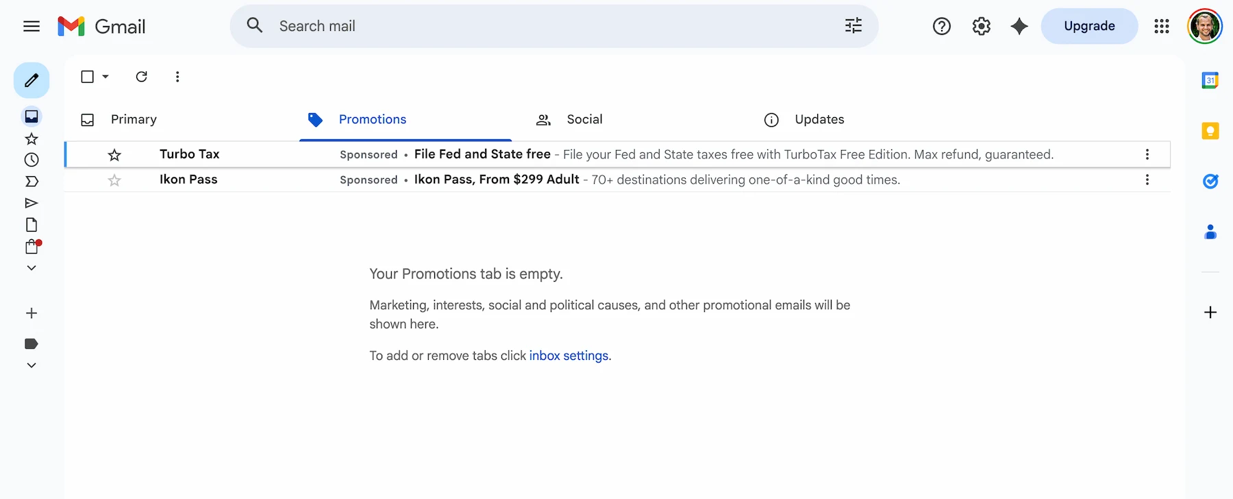 Gmail after manually disabling tabs and sidebars — improved but still noisy