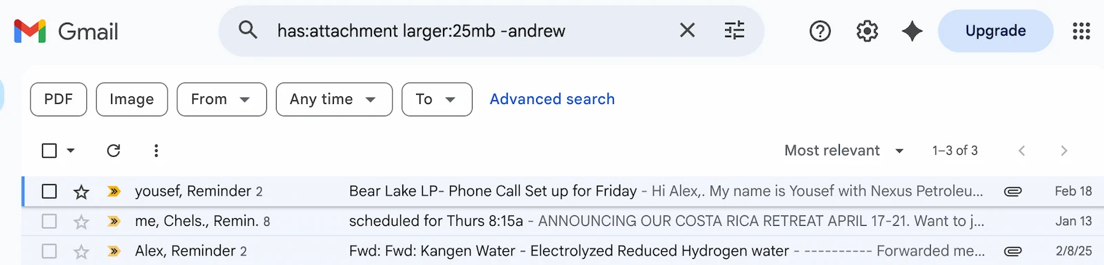Gmail search bar with advanced operator — has:attachment larger:25mb