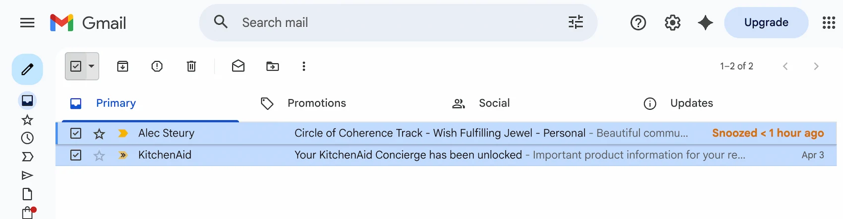 Gmail inbox with all conversations selected — bulk select toolbar visible