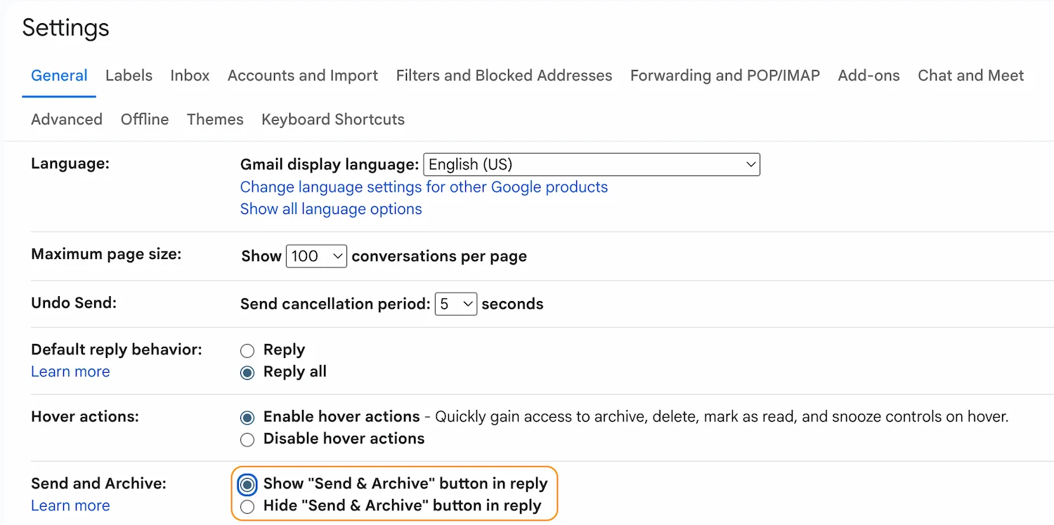 Gmail Settings — Send and Archive button enabled