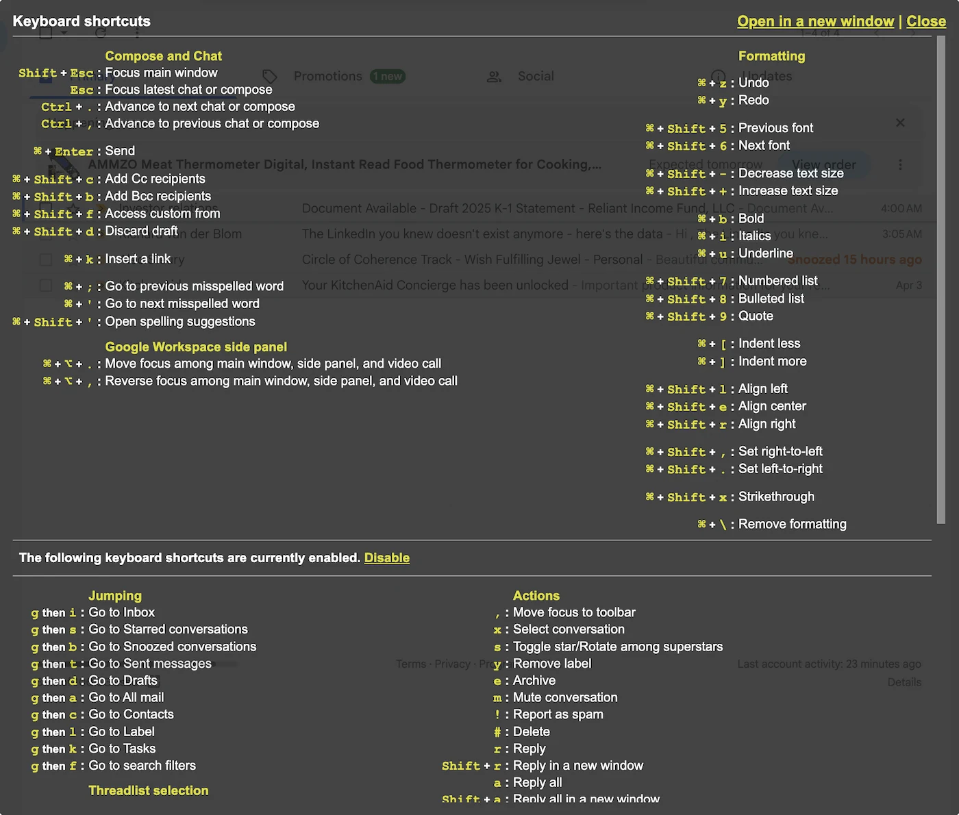 Gmail keyboard shortcuts overlay — full shortcut list shown by pressing ?