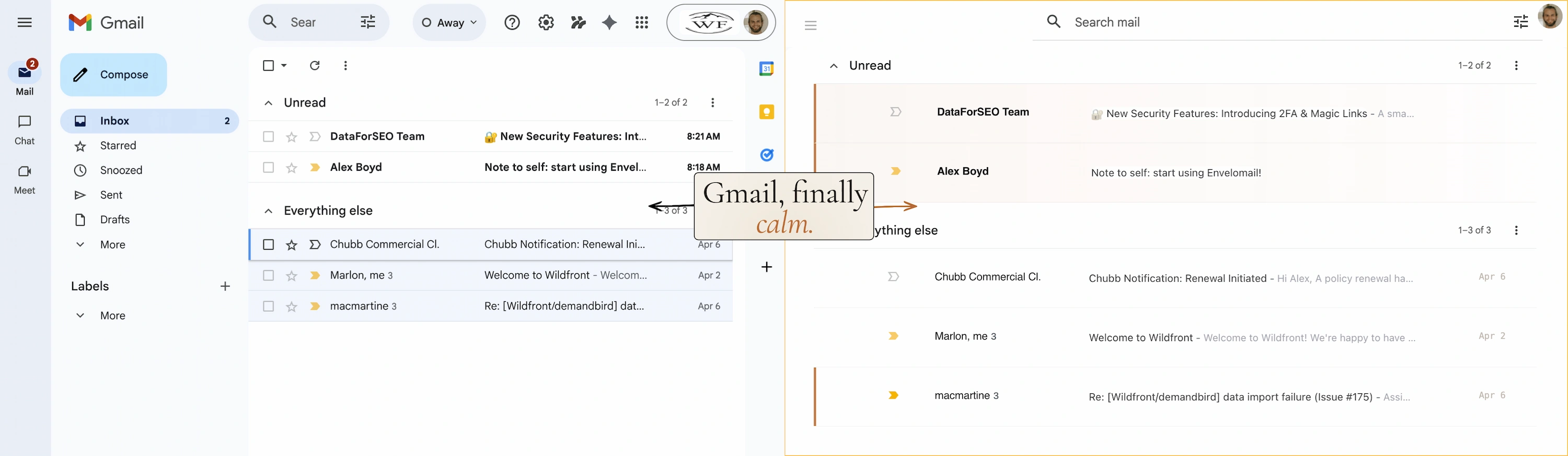 Side-by-side comparison: cluttered Gmail on the left vs. clean Envelomail inbox on the right